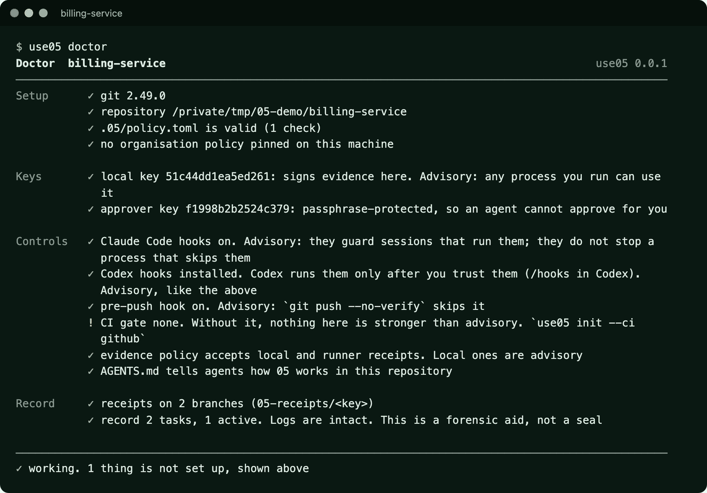 Terminal output of use05 doctor. Setup, keys, controls and record sections with check marks. Agent hooks and the pre-push hook are on and described as advisory, the approver key is passphrase protected, and the CI gate is missing with a note that without it nothing is stronger than advisory.